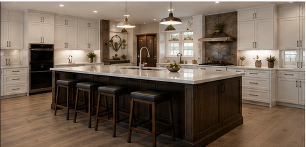 A finished custom kitchen with a large island